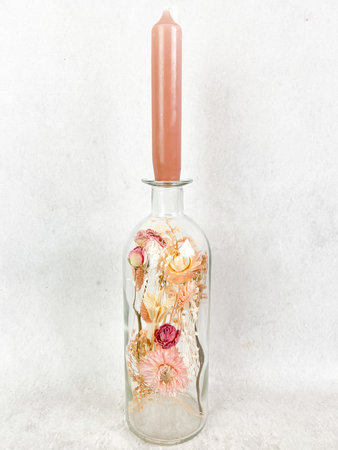 Glazen fles, droogbloemen div. kleuropties met kaars
