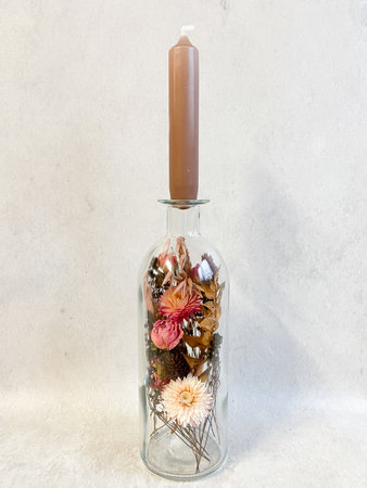 Glazen fles, droogbloemen div. kleuropties met kaars